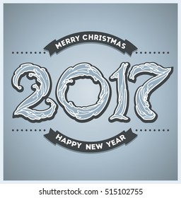Vector 2017 Merry Christmas and Happy New Year illustration. Vintage style monochromatic lettering numbers on center image with ribbons on cool background. Winter holidays creative concept.