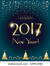 Vector 2017 Merry Christmas and Happy New Year greeting card with fir tree, glitter gold snowflakes, sparkles and confetti. Handmade Christmas decoration. Winter Holiday illustration. Luxury design