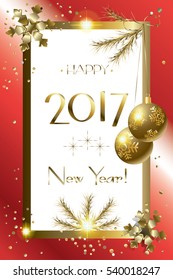 Vector 2017 Merry Christmas and Happy New Year greeting cards background with glitter balls, fir tree, snowfall, sparkle, gold snowflakes, confetti. Luxury Christmas decoration Red card Winter Holiday
