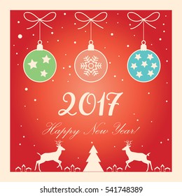 Vector 2017 Merry Christmas and Happy New Year greeting card with Christmas balls, fir tree, stars, fall snow, sparkle, falling snowflakes, calligraphy. Winter Holiday decoration. Vintage ornament.