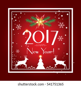 Vector 2017 Merry Christmas and Happy New Year greeting cards background with glitter, reindeer, fir tree, fall snow, sparkle, snowflakes, confetti. Luxury Christmas decoration Winter Holiday red card