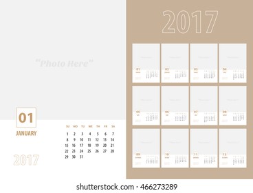 vector, 2017 new year calendar with simple modern clean style , 12 month set, week start at Sunday, Template to adding your photo,Monthly in A5 paper size