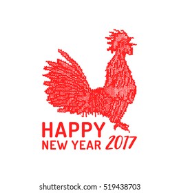 Vector 2017 New Year Rooster illustration. Decorative knitted eastern calendar cock design. Happy Holidays greeting card, poster concept.