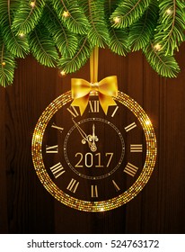 Vector 2017 shiny New Year Clock in gold disco circle frame on christmas wood background with fir tree . Vintage elegant luxury gold clock midnight New Year. Vector illustration EPS 10