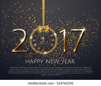 Vector 2017 shiny New Year Clock in gold disco circle frame on black background. Vintage elegant luxury gold watch midnight New Year. Vector illustration EPS 10