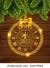 Vector 2017 shiny New Year Clock in gold disco circle frame on christmas wood background with fir tree . Vintage elegant luxury gold clock midnight New Year. Vector illustration EPS 10