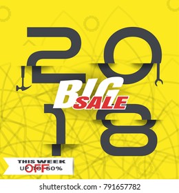 Vector 2018 Big Sale poster with glitch dark gray numbers on the yellow background with abstract geometric pattern.
