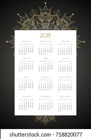 vector, 2018 calendar all 12 month on black background decoration with golden luxury mandala design.