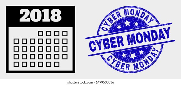 Vector 2018 calendar page icon and Cyber Monday watermark. Red round textured watermark with Cyber Monday text. Vector composition in flat style. Black isolated 2018 calendar page icon.