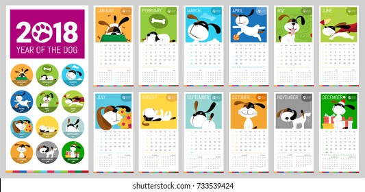 A vector 2018 complete Calendar illustrated with cute cartoon dogs with brilliant colors, with reference to the 2018 year of the dog in Chinese Zodiac.