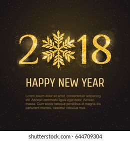 Vector 2018 Happy New Year and Merry Christmas greeting card template with sparkling glitter golden textured snowflake. Seasonal holidays background