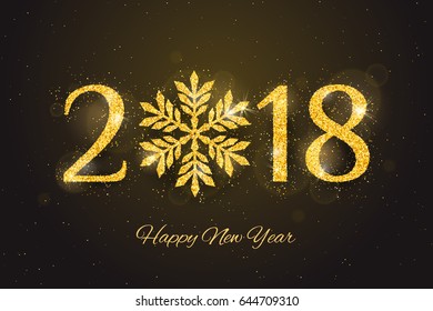 Vector 2018 Happy New Year and Merry Christmas greeting card with sparkling glitter golden textured snowflake. Seasonal holidays background.