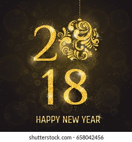 Vector 2018 Happy New Year holiday banner with sparkling glitter golden textured Christmas bal. New Year greeting card background