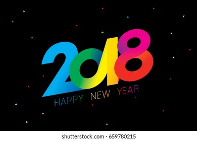 Vector 2018 Happy New Year design with text and confetti on black background.