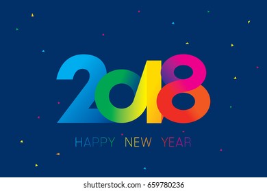 Vector 2018 Happy New Year design with text and confetti on blue background.