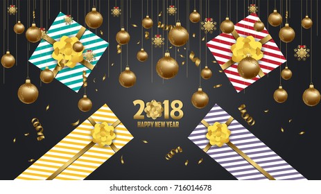 Vector 2018 Happy New Year background with golden gift bow