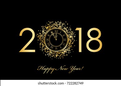 Vector 2018 Happy New Year background with gold clock on black