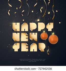Vector 2018 Happy New Year Typography on black background with christmas ball.
