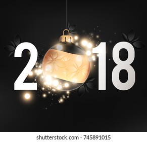 Vector 2018 Happy New Year background with shining golden tree Baubles.