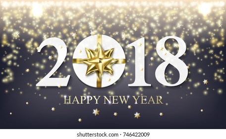 Vector 2018 Happy New Year background with golden gift with bow