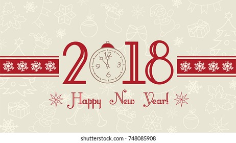 Vector 2018 Happy New Year background, web banner, text label with snowflakes, winter theme doodles hand drawn illustration. Greeting card template, flat pastel design.
