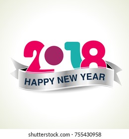 Vector 2018 Happy New Year background with silver ribbon. Season greetings. Colorful modern design
