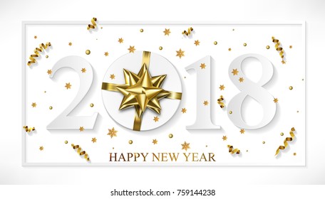 Vector 2018 Happy New Year white background with golden gift bow