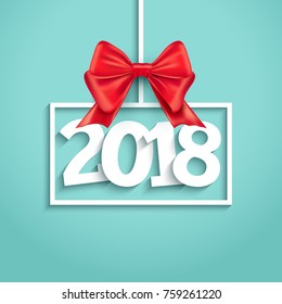 Vector 2018 Happy New Year background with red gift bow. Christmas holiday new year celebration card.