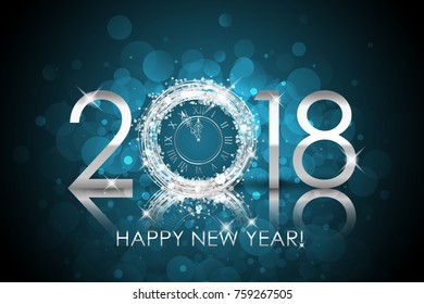 Vector 2018 Happy New Year background with silver clock. New Year card