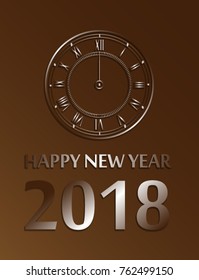 Vector 2018 Happy New Year card with gold shiny clock on black background. 2018. New Year 2018. Happy New Year greeting card, 