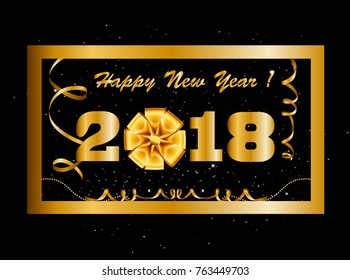 Vector 2018 Happy New Year background with golden gift bow inside of golden frame decorated with confetti, tinsel and beads. Vector illustration, template, greeting card. 
