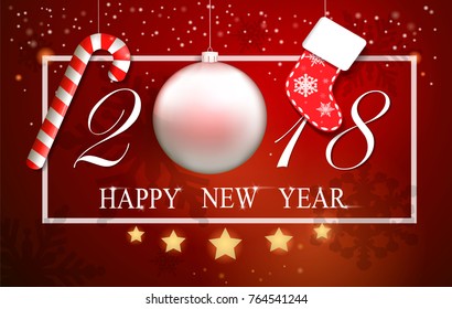 Vector 2018 Happy New Year background.Christmas sock.ball.star lanterns