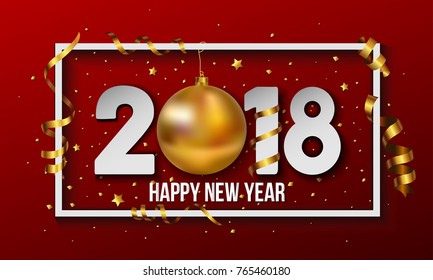 Vector 2018 Happy New Year background with golden christmas ball bauble and stripes elements