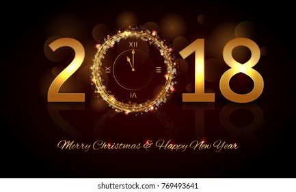 Vector 2018 Happy New Year with gold  clock Background with sample text