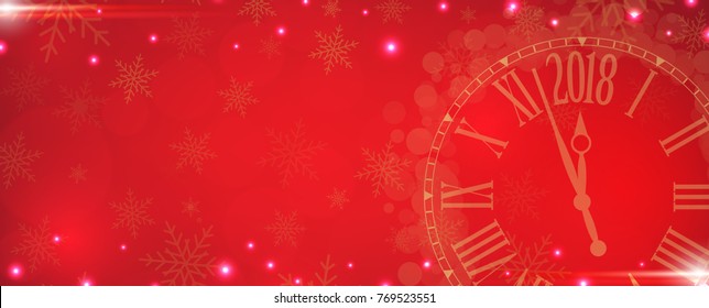 Vector 2018 Happy New Year  with gold clock on red background for your copy space.