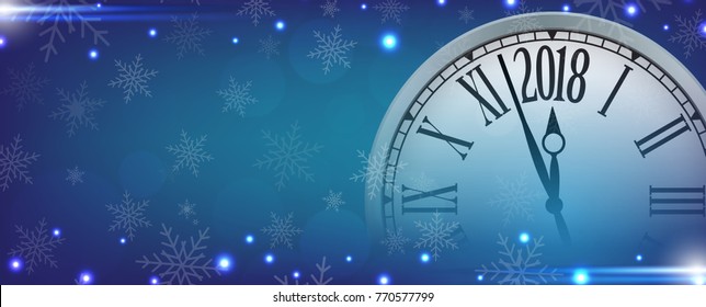Vector 2018 Happy New Year with retro clock on blue snowflakes background for your copy space.