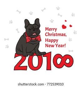 Vector 2018 Happy New Year & Merry Christmas design with text and Dod French Bulldog on white background.