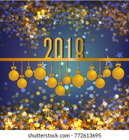 Vector 2018 happy new year with hanging ball glowing snowflake isolated on blue background .