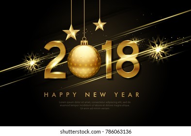 Vector 2018 Happy New Year background with golden christmas ball bauble and stripes elements