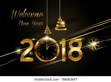 Vector 2018 Happy New Year background with golden snowflake and shiny stripes elements