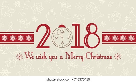 Vector 2018 Merry Christmas background, web banner, text label with snowflakes, winter theme doodles illustration. Greeting card template, flat pastel design.