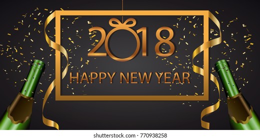 Vector 2018  New Year background champagne bottle,  confetti   