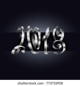 Vector 2018 New Year background. 2018 lettering typography using silver gift ribbon or serpentine curls. Happy New Year illustration for calendar, invitation and greeting card, poster and banner.