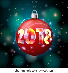Vector 2018 New Year Banner template with bright ball on background with blurred xmas lights.