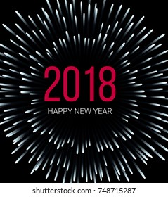 Vector 2018 New Year Black background with firework. Festive design template for holiday greeting card, invitation, calendar poster, banner