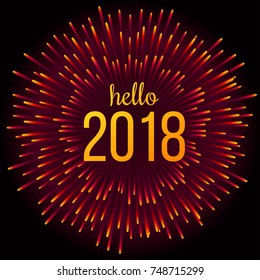 Vector 2018 New Year Black background with firework. Festive design template for holiday greeting card, invitation, calendar poster, banner