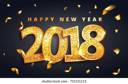 Vector 2018 New Year Black background with gold glitter text and confetti texture. Festive premium luxury rich design template for holiday greeting card, invitation, calendar poster, banner