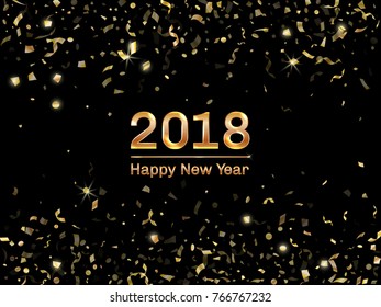 Vector 2018 New Year black background with gold glitter confetti, gradient text. Festive premium gold confetti design template of holiday card, invitation, calendar poster, banner. Happy New Year text