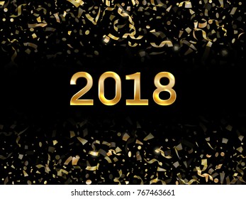 Vector 2018 New Year black background with gold metallic glitter gradient texture text. Festive confetti gold sparkles template for holiday card, 2018 celebration invitation, calendar, poster, banner.