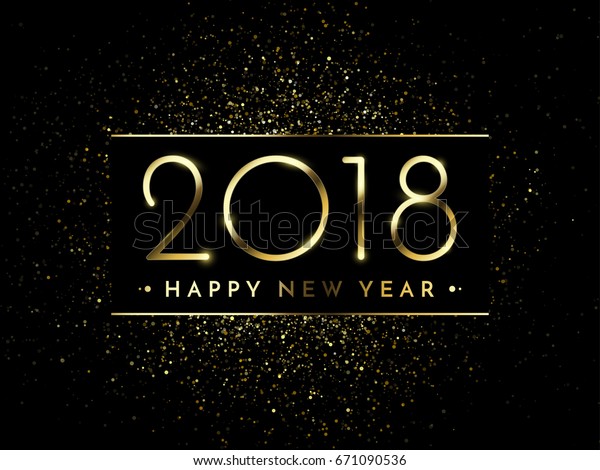 Vector 2018 New Year Black background with gold glitter confetti splatter texture. Festive premium design template for holiday greeting card, invitation, calendar poster, banner